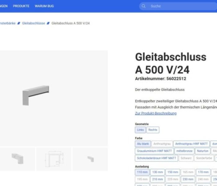 Produktdetailseite mit Filterfunktionen auf der neuen BUG (Foto: BUG Aluminium-Systeme)